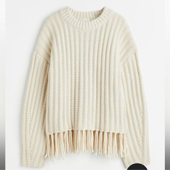 H&M- Women’s Cream Fringe-Trimmed Chunky Knit Fisherman Wool Blend Sweater, M - Picture 6 of 11